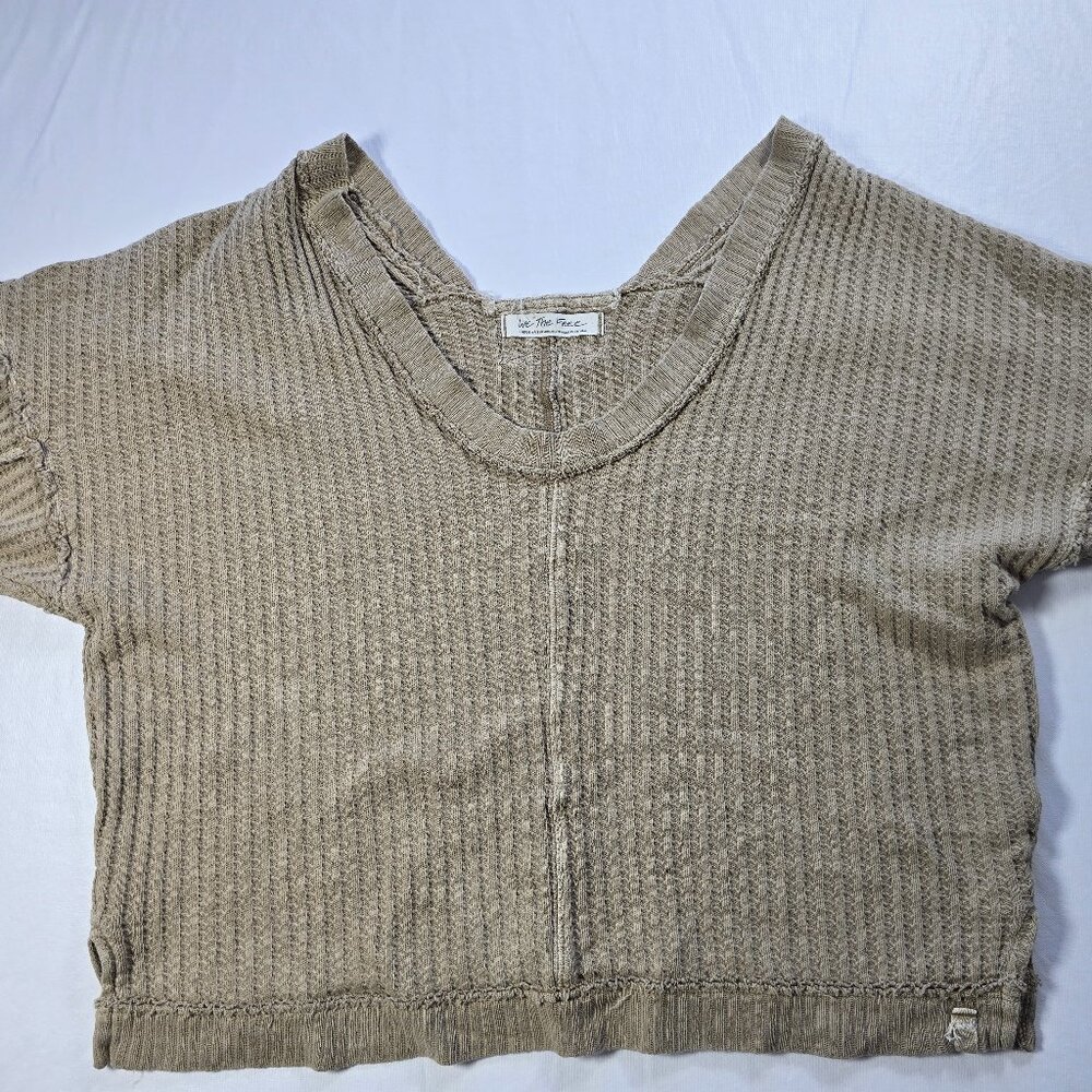 We The Free Waffle-Knit V-Neck Sweater – Size Large – Beige